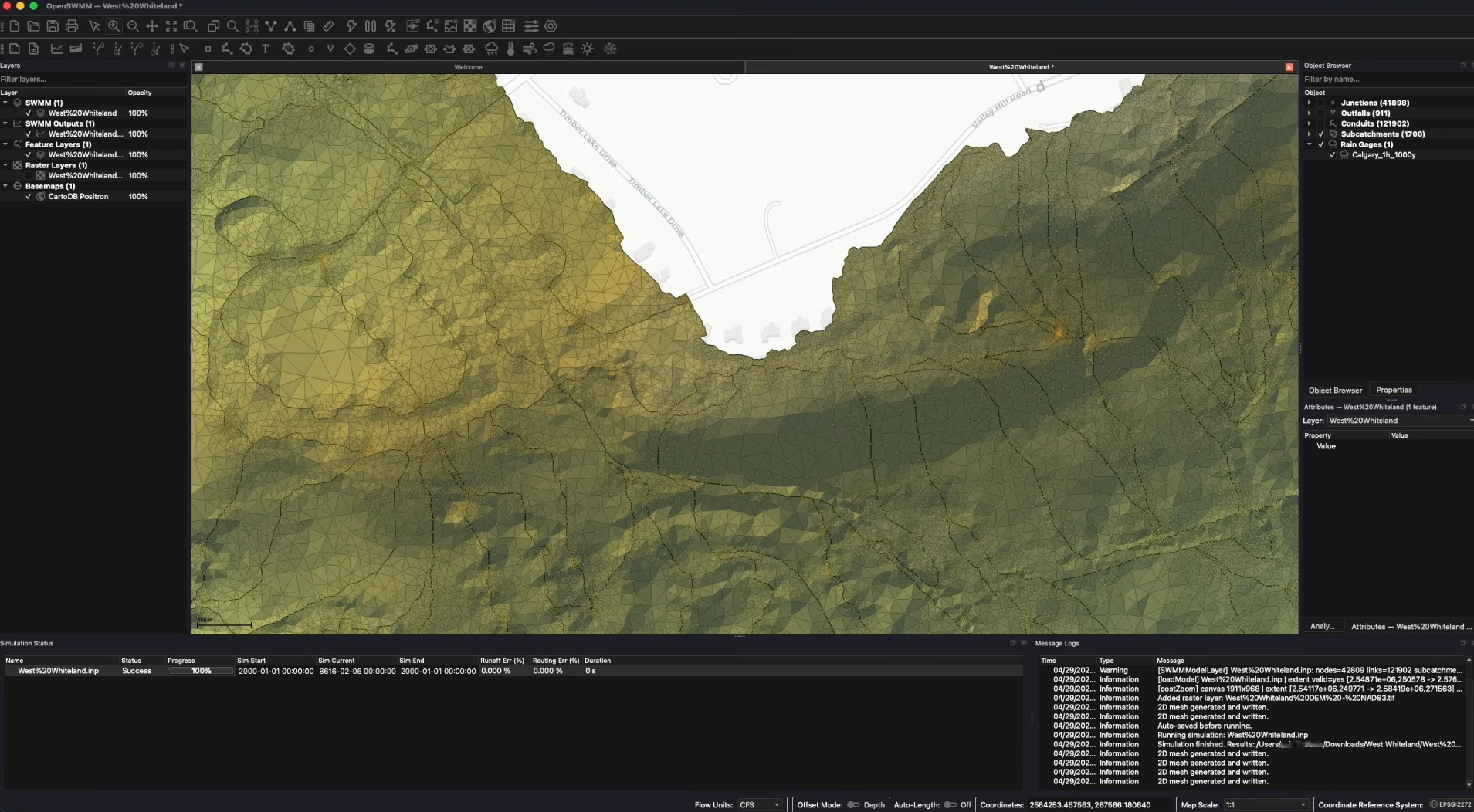2D triangular mesh over terrain in the SWMM2D map view, illustrating generated surface meshing.