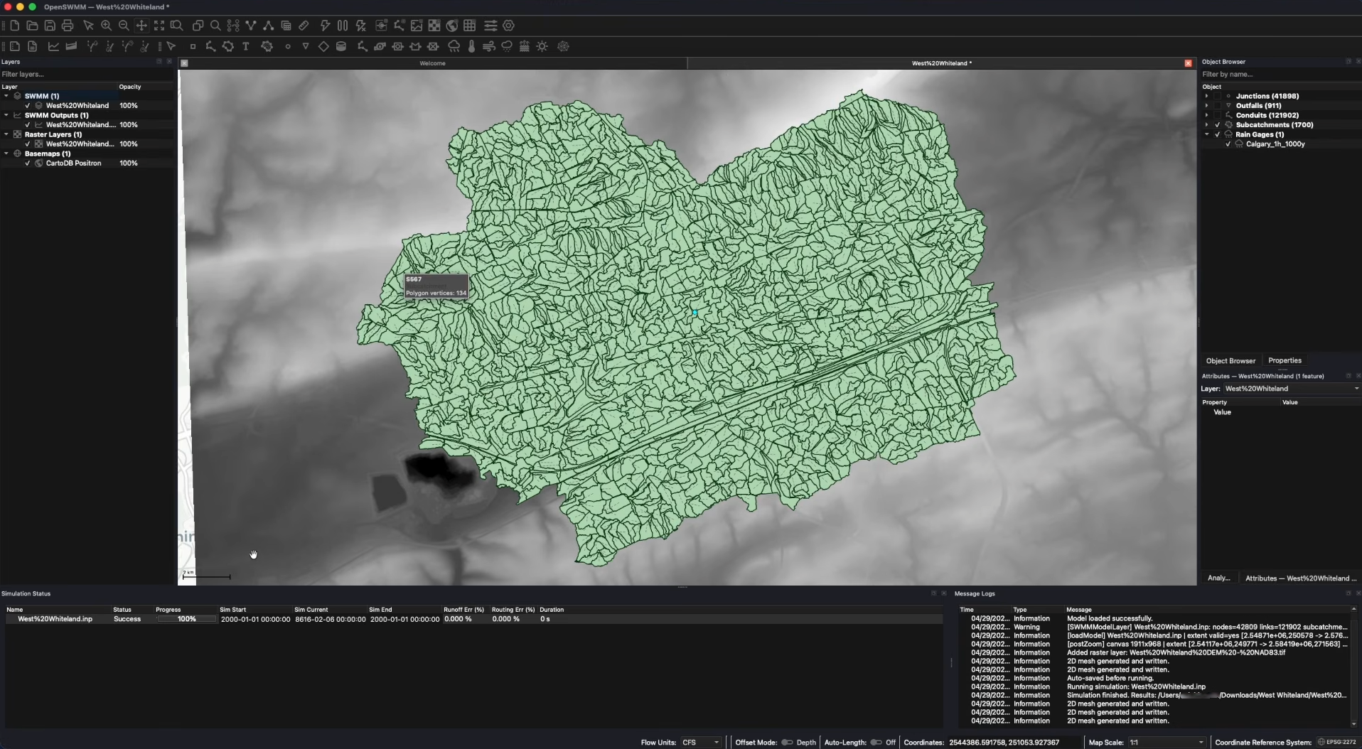 Raster elevation map with drainage network and subcatchments overlaid in the map view.