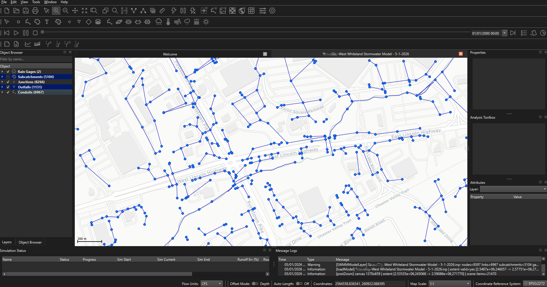 OpenSWMM desktop interface with layers, map canvas, object browser, and simulation panels.