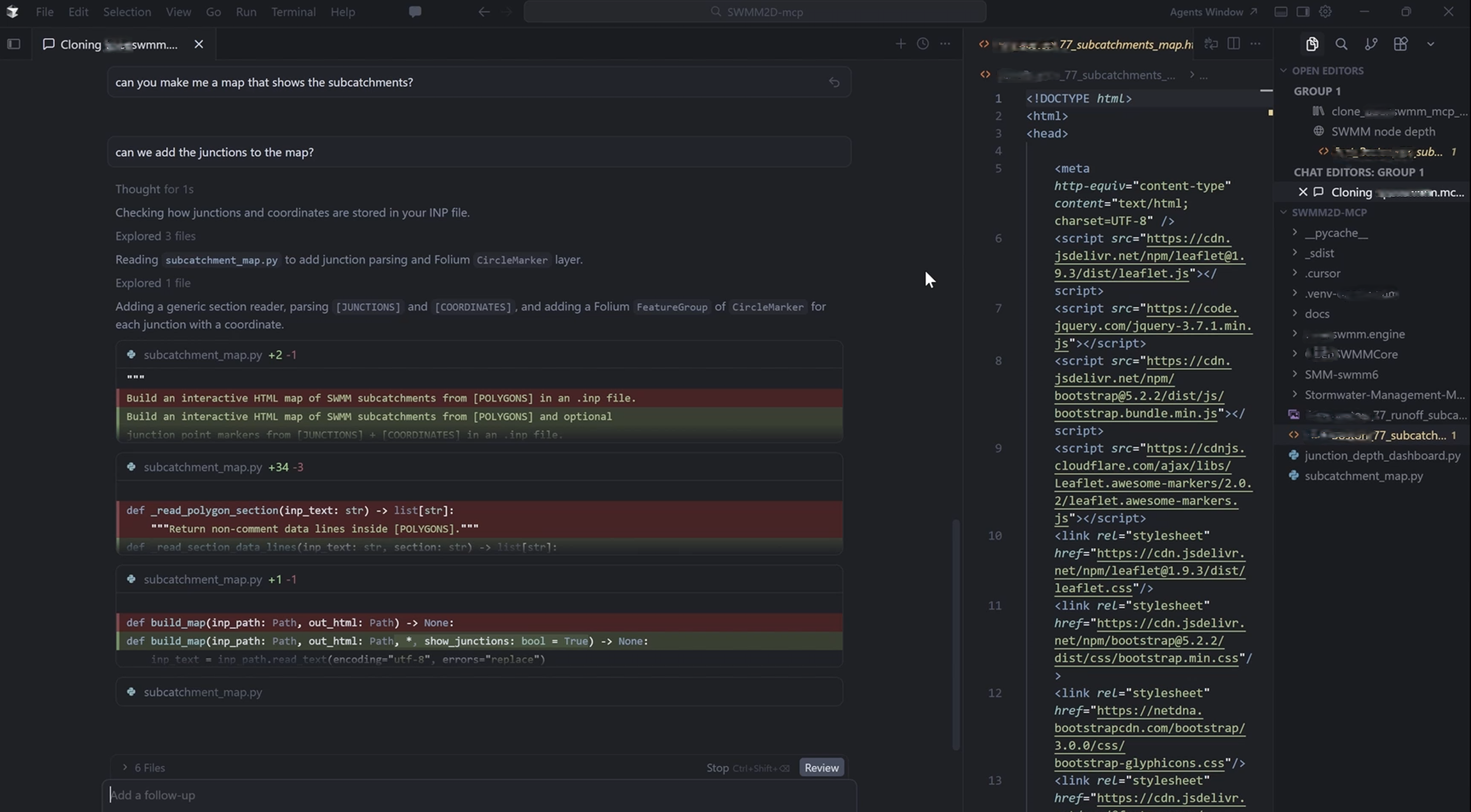 IDE with AI chat and SWMM2D MCP project: assistant iterating on Python map tooling beside generated Leaflet HTML.